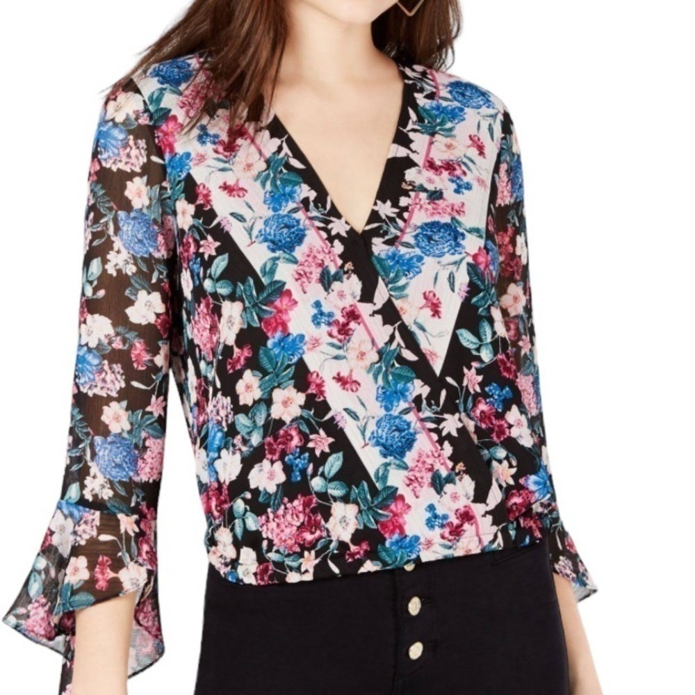 ✨3/$21✨ Guess Los Angeles Floral Faux Wrap Blouse Small Sheer Bell Sleeve Top